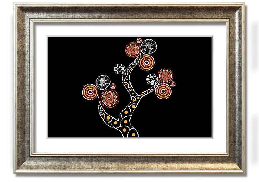 Framed Aboriginal Tree 1 print showcasing vibrant colors and intricate patterns, ready to hang.